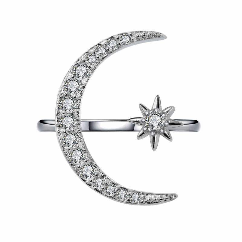 Crescent Moon&Star Sterling Silver Ring