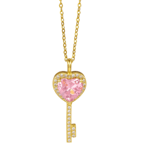 gold pink key necklace