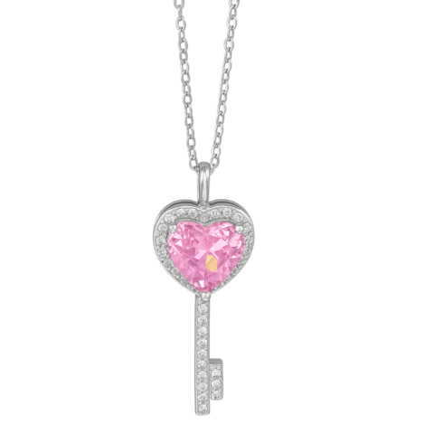 silver pink key necklace