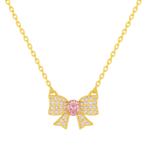 toile gold bow pink necklace